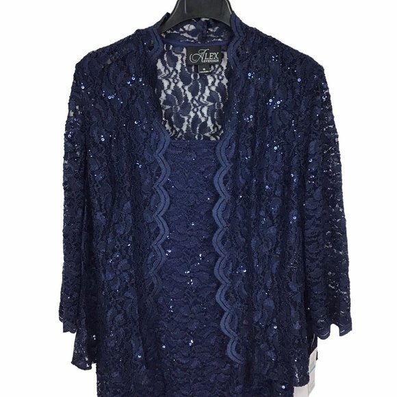 Alex Evenings Navy Blue Lace Sequin Cocktail Sheath Dress w/ Jacket Women's 16 - Picture 4 of 12